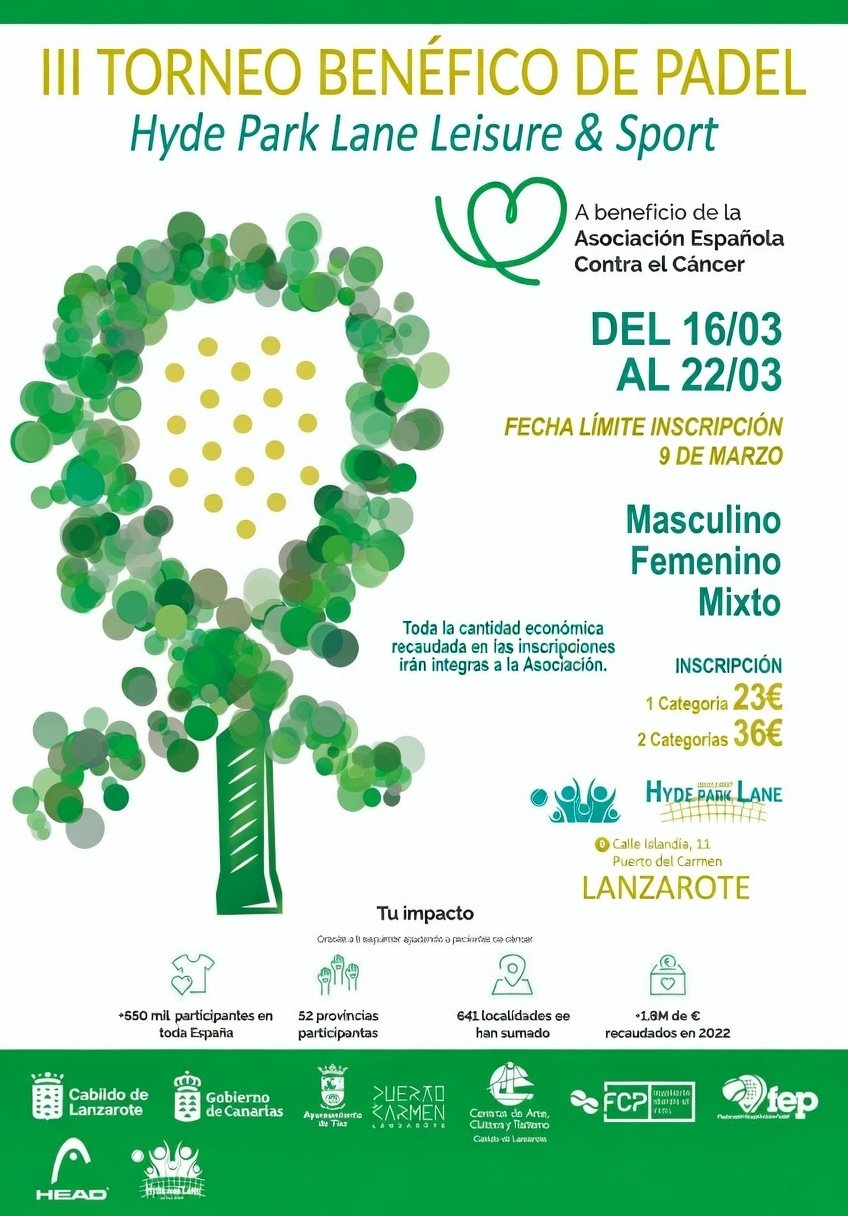 III Torneo Benéfico de Pádel Hyde Park Lane: inscripciones abiertas a beneficio de la AECC en Lanzarote